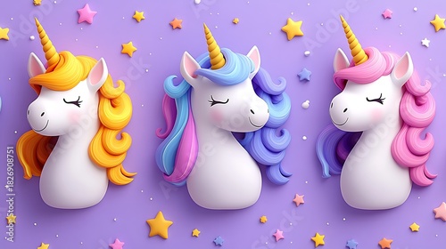 Three cute unicorn characters with pastel manes and golden horns on purple background