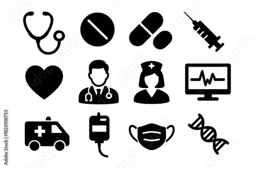 Silhouette medical icons set: healthcare, doctor, nurse, heartbeat, medicine, ambulance