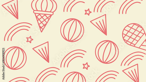 Pink Outline Summer Icons Pattern on Cream Background Keywords: abstract, art, background, beach