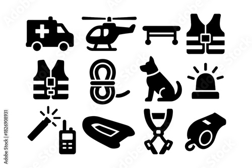 Emergency and rescue icons set featuring life vest, ambulance, helicopter, and safety equipment