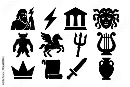 Greek mythology icons: zeus, medusa, pegasus, and more in silhouette style