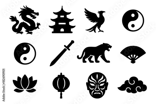 Silhouette icons of asian culture: dragons, pagodas, and yin yang symbols