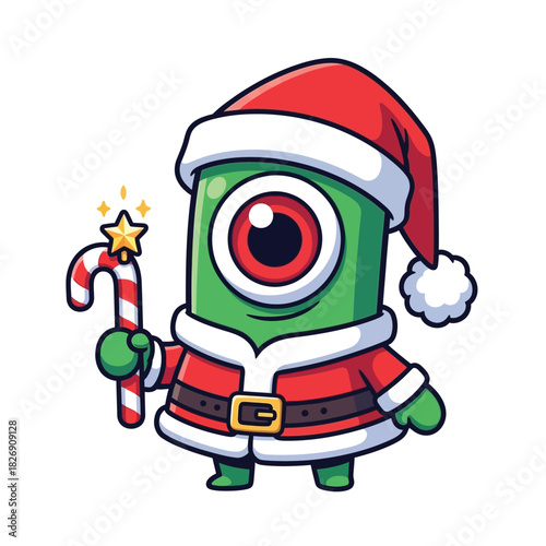 Cute green cyclops monster wearing a santa suit and holding a candy cane