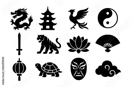 Silhouette asian symbols: dragon, pagoda, phoenix, yin yang, lotus, tiger, lantern, mask
