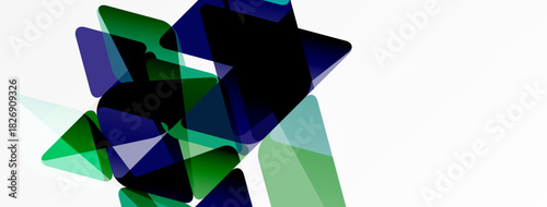 Abstract geometric shapes overlap, creating dynamic composition. Greens, blues, blacks dominate white background. Modern design element.