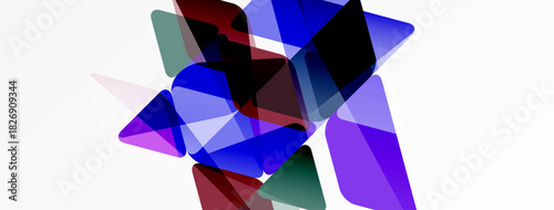 Abstract shapes overlap, creating vibrant color blends. Blue, purple, green hues dominate white background. Modern design element.