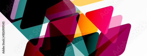 Abstract geometric shapes overlap, creating vibrant color blends. Composition features dynamic angles, modern aesthetic.