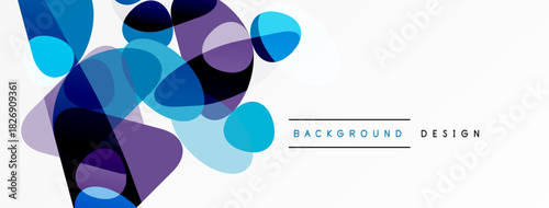 Abstract shapes overlap, creating vibrant blue, purple hues. Minimalist design with text elements present. Clean, modern aesthetic.