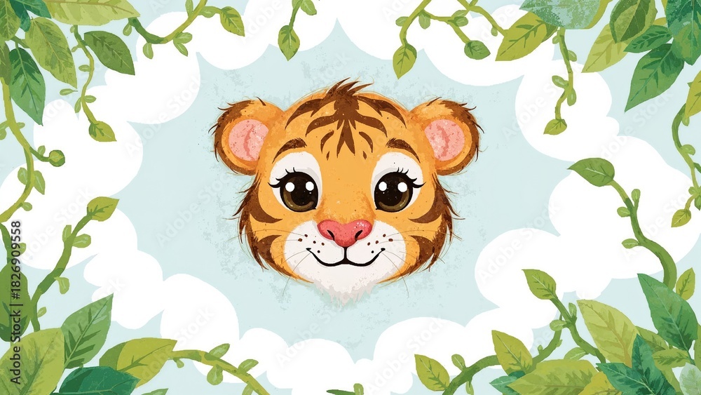 Naklejka premium A cute tiger cub peeking through foliage surrounded by green leaves and branches.