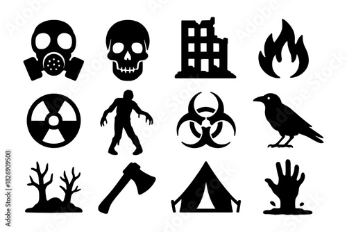 Silhouette icons: survival and danger symbols for apocalyptic themes