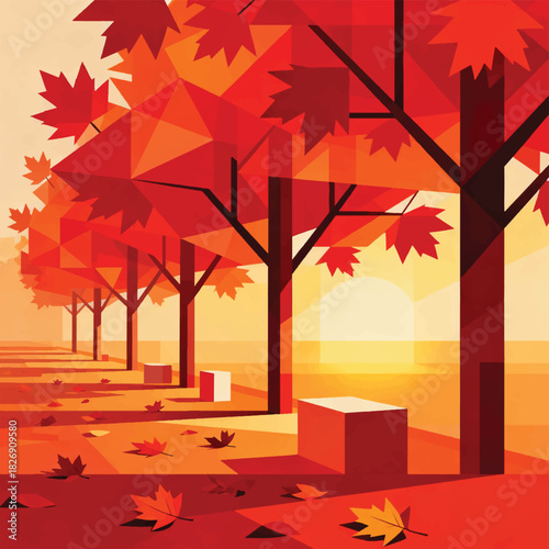 Illustration Of A Row Of Maple Trees, Fallen Leaves On The Ground, Warm Autumn Light Vector Design Template