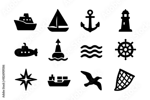 Nautical silhouette icons: boats, anchor, lighthouse, and more