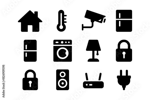 Minimalist home appliance and security icons set for modern interfaces