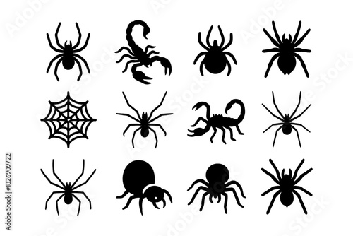 Silhouette collection of spiders and scorpions in black on white background