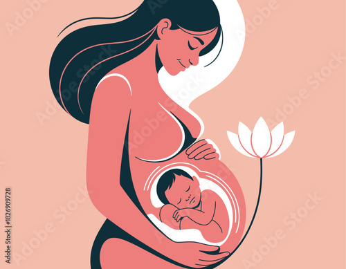 A pregnant woman cradles her belly, envisioning her sleeping baby inside, with a lotus flower symbolizing new beginnings.