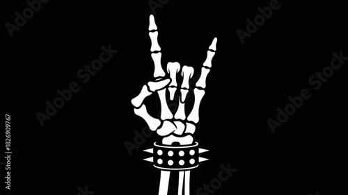 A skeletal hand wearing a studded wristband flashes the rock and roll sign against a stark black background.