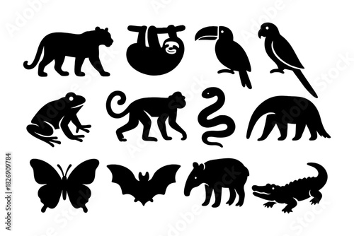 Silhouette icons of jungle animals: diverse wildlife collection for design projects