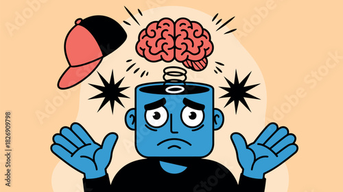 A distressed person with their head open and brain exposed, illustrating mental anguish or confusion, with a baseball cap flying off.