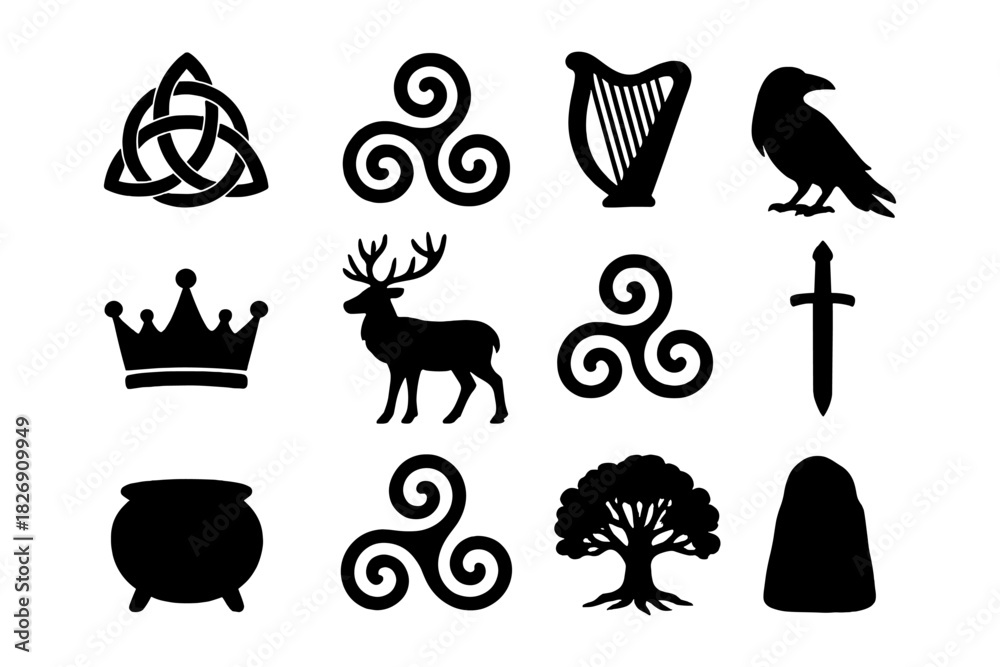 Obraz premium Celtic symbols and icons set in flat style featuring knot, triskelion, harp, raven, and more