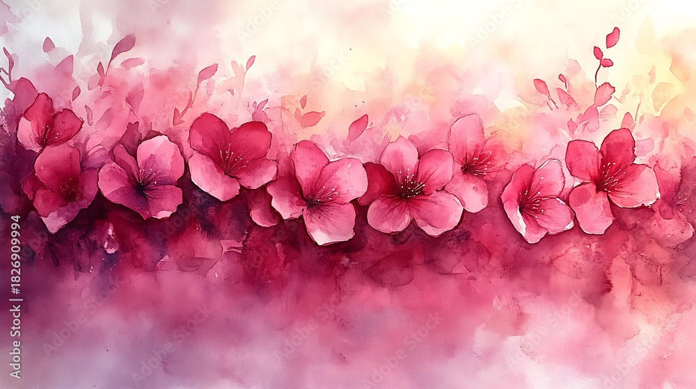 Fototapeta premium Watercolor banner featuring a beautiful horizontal row of large pink flowers with soft petals and gentle hues