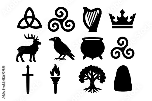 Celtic symbols and mythical icons in bold silhouette design