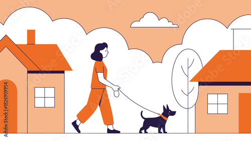 A person walks a dog on a leash down a residential street lined with houses and stylized clouds.