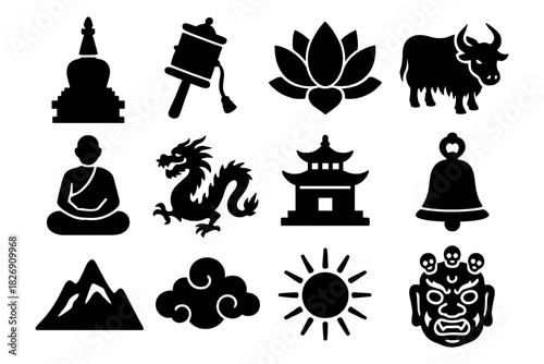 Tibetan cultural symbols in bold silhouette style