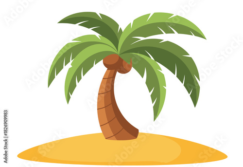 A solitary palm tree stands tall on a small sandy island, evoking a tropical paradise.