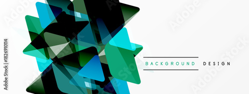 Abstract geometric shapes overlap, creating dynamic composition. Blue, green hues dominate white space. Modern design element.