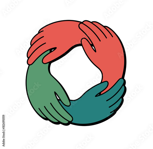 Four hands in red and green colors form a circle of unity and collaboration, symbolizing teamwork and connection.