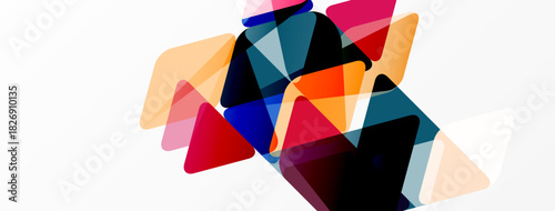 Abstract composition featuring overlapping triangles. Colors include red, blue, orange, black, white. Modern design, geometric shapes dominate image.