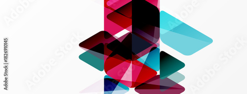 Abstract geometric shapes overlap, creating vibrant color blends. Pink, teal, navy dominate composition. Minimalist design, modern aesthetic.