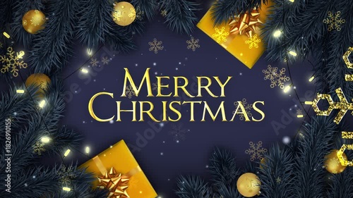 Merry Christmas Greetings Text Background Animation with Fir Branches and Decorations