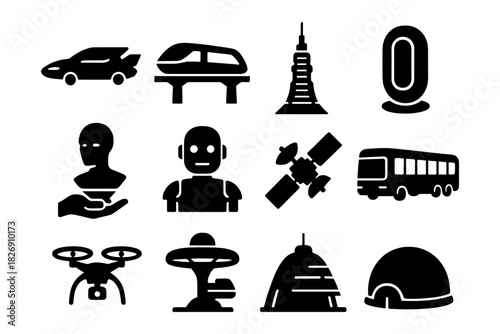 Silhouette icons of futuristic transport and space technology