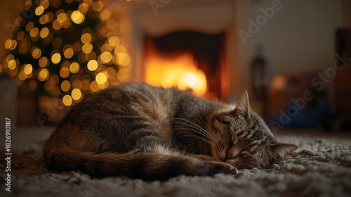 A fluffy cat sleeps on a carpet against the backdrop of a Christmas tree and a cozy fireplace