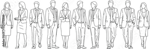 Business people line art illustration, office professionals in suits and formal clothing walking together, corporate teamwork vector drawing for design projects