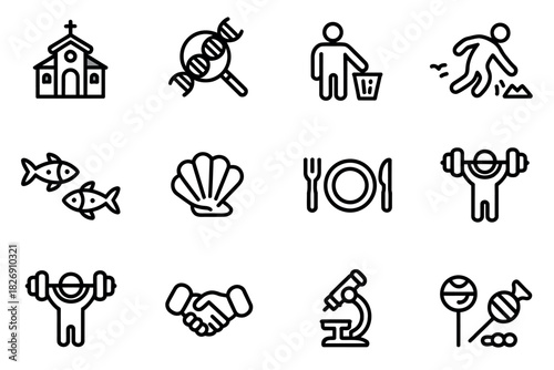 A grid of twelve distinct icons representing various themes like religion, science, health, and leisure, arranged in a 3x4 layout.