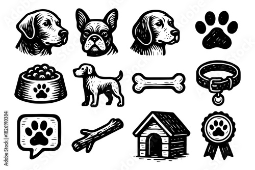 Hand drawn dog breed set with toys and accessories