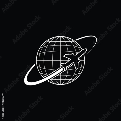 Global airline travel and transportation concept icon depicting an airplane circling a stylized earth globe, illustrating worldwide connectivity and journey