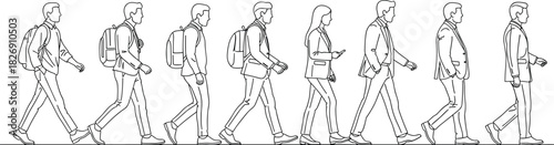 Business people walking line art illustration, office workers and professionals with backpacks minimal vector design for lifestyle, teamwork and corporate concepts