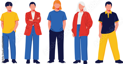 Diverse group of five trendy young adults standing in a row wearing colorful casual outfits isolated flat vector illustration