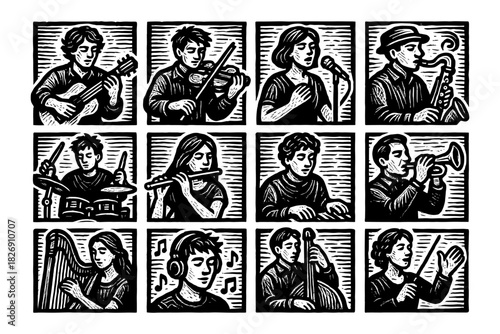Woodcut style musicians playing various instruments in a grid layout