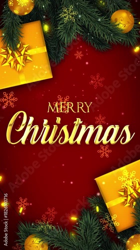 Merry Christmas Greetings Text Background Animation with Fir Branches and Decorations