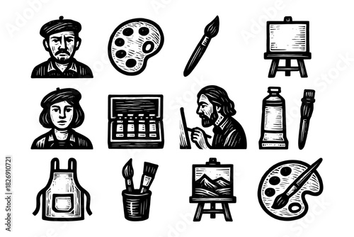 Set of hand-drawn art and painting icons featuring artists and tools