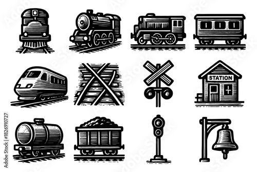 Vintage train and railway icons set in black and white