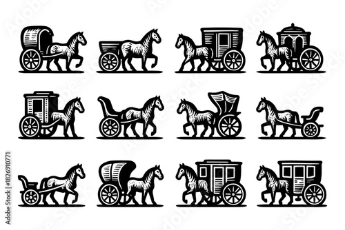 Vintage horse carriage collection: classic transport silhouette design set