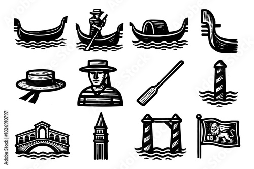 Venetian icons: gondolas, landmarks, and traditional elements in black and white style