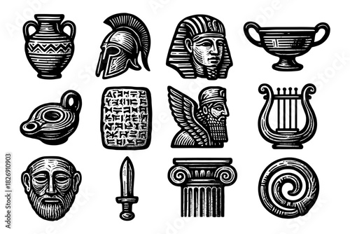 Ancient artifacts: intricate black and white icons of historic symbols and relics