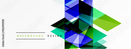 Abstract geometric shapes overlap, creating dynamic visual effect. Blue, green, black hues dominate white space. Minimalist design elements present.