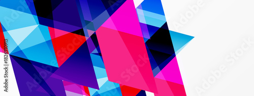 Abstract geometric shapes overlap, creating vibrant colorful composition. Blues, pinks, purples dominate design. Modern aesthetic.